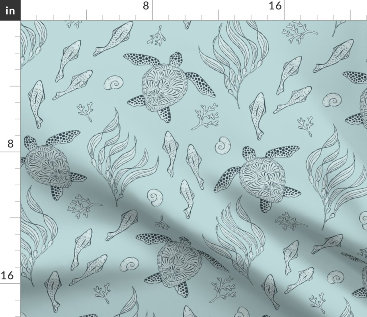 Blue Aqua Hand Drawn Ocean Sea Turtles Seaside Beach Coastal Fish Large Scale House Chic Custom Printed Fabric by Spoonflower Various Fabrics by the Yard or Fat Quarter
